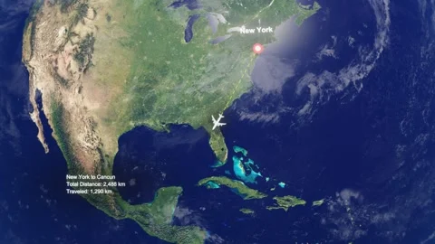 Flight Route From New York to Cancun with Dotted Path and Distance Data HUD Stock Footage 328455364