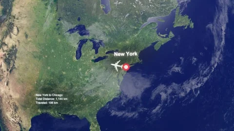 Flight Route From New York to Chicago with Dotted Path and Distance Data HUD Stock Footage 328455534