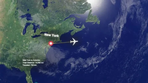 Flight Route From New York to Colombo with Dotted Path and Distance Data HUD Stock Footage 328455681