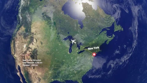 Flight Route From New York to Edmonton with Dotted Path and Distance Data HUD Stock Footage 328455970