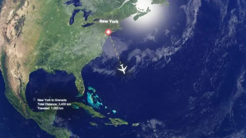 Flight Route From New York to Grenada with Dotted Path and Distance Data HUD Stock Footage 328456114