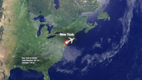 Flight Route From New York to Halifax with Dotted Path and Distance Data HUD Stock Footage 328456336