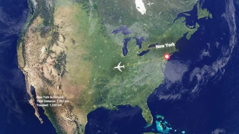Flight Route From New York to Honolulu with Dotted Path and Distance Data HUD Video stock 328456873
