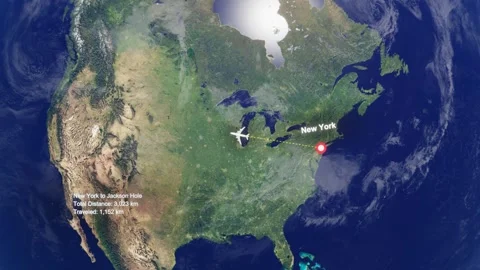 Flight Route From New York to Jacksonhole with Dotted Path and Distance Data HUD Stock Footage 328457229