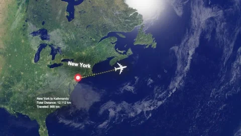 Flight Route From New York to Kathmandu with Dotted Path and Distance Data HUD Stock Footage 328457448