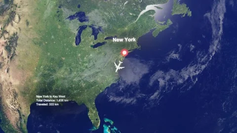 Flight Route From New York to Keywest with Dotted Path and Distance Data HUD Stock Footage 328457463
