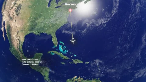 Flight Route From New York to Lapaz with Dotted Path and Distance Data HUD Stock Footage 329132967