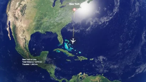 Flight Route From New York to Lima with Dotted Path and Distance Data HUD Stock Footage 329132968