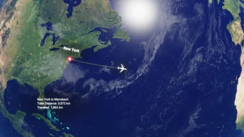 Flight Route From New York to Marrakech with Dotted Path and Distance Data HUD Stock Footage 329133050