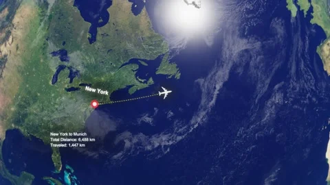 Flight Route From New York to Munich with Dotted Path and Distance Data HUD Stock Footage 329133121