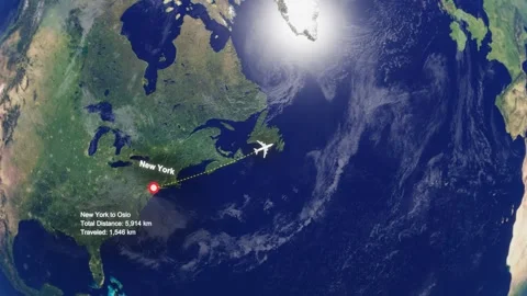 Flight Route From New York to Oslo with Dotted Path and Distance Data HUD Stock Footage 329133214