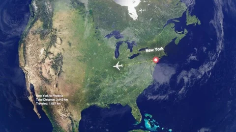 Flight Route From New York to Phoenix with Dotted Path and Distance Data HUD Stock Footage 329133249