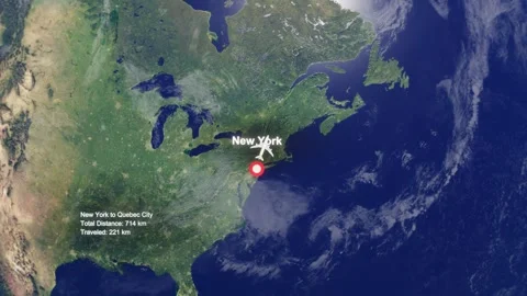 Flight Route From New York to Quebeccity with Dotted Path and Distance Data HUD Stock Footage 329133326