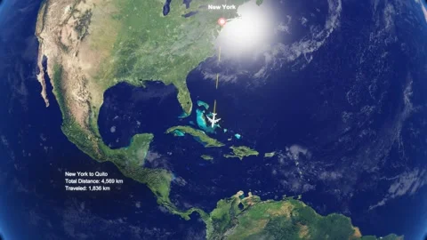 Flight Route From New York to Quito with Dotted Path and Distance Data HUD Stock Footage 329133340