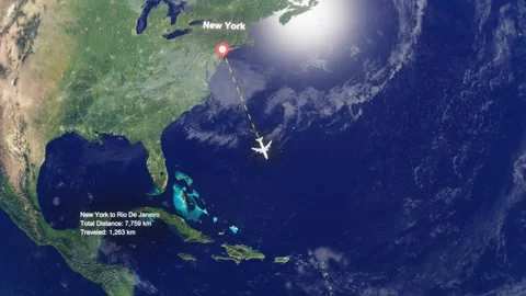 Flight Route From New York to Riodejaneiro with Dotted Path and Distance Data Stock Footage 329133383