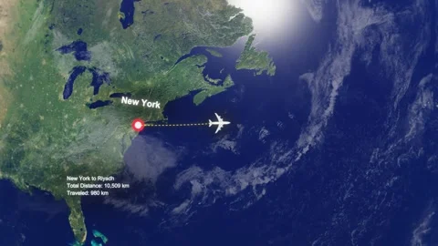 Flight Route From New York to Riyadh with Dotted Path and Distance Data HUD Stock Footage 329133408