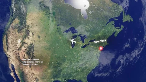 Flight Route From New York to Sapporo with Dotted Path and Distance Data HUD Stock Footage 329133504