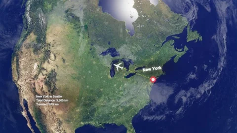 Flight Route From New York to Seattle with Dotted Path and Distance Data HUD Stock Footage 329133479