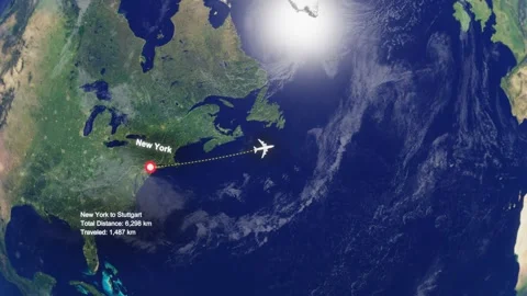 Flight Route From New York to Stuttgart with Dotted Path and Distance Data HUD Stock Footage 329133644