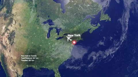 Flight Route From New York to Toronto with Dotted Path and Distance Data HUD Stock Footage 329133693