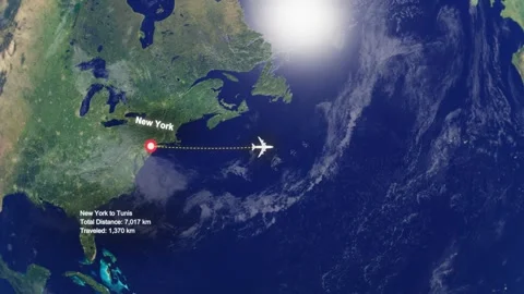 Flight Route From New York to Tunis with Dotted Path and Distance Data HUD Stock Footage 329133704