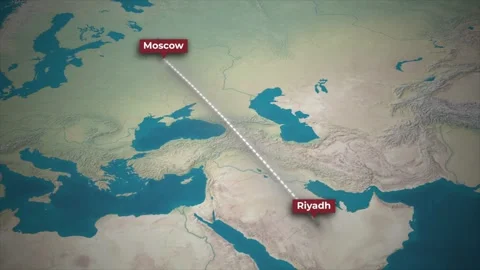 Flight Route from Riyadh to Moscow on Topographical Map Background Stock Footage 339612177