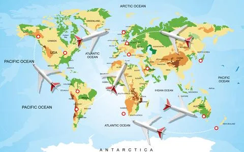 Flight routs map with airplanes on it, illustration Illustrazione stock