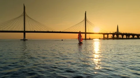 Flight sailboat modern cable-stayed bridge orange sunset Petersburg cityscape 4k Stock Footage 128749286