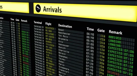 Flight schedule board at airport, travel information, arrivals and departures Stock Footage