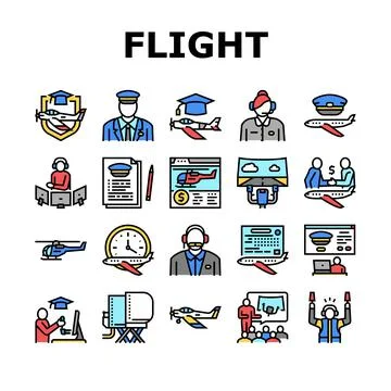 Flight School Educate Collection Icons Set Vector Stock Illustration