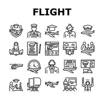 Flight School Educate Collection Icons Set Vector Stock Illustration