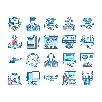 Flight School Educate set Icons hand drawn Ilustración de archivo