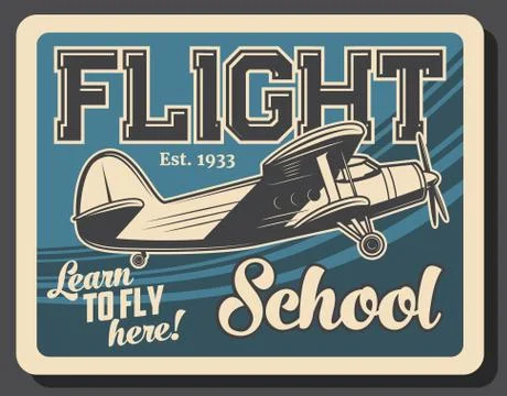 Flight school retro vector poster, vintage plane Illustrazione stock