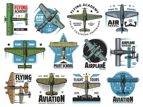 Flight school vector icons aviators academy labels Illustrazione stock