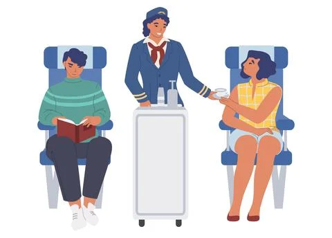 Flight service vector stewardesses and passenger inside plane Stock Illustration