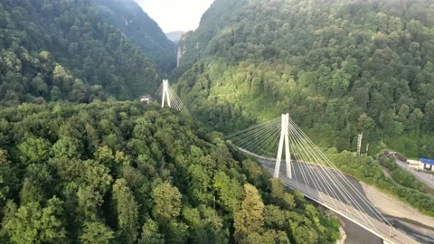 Flight sideways modern cable-stayed road bridge to resort Sochi Russia suburban Vidéo 145574164