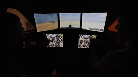 Flight Simulator Airplane Crew Cockpit Trainer Stock Footage 117314202
