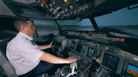 A flight simulator is demonstrating taking-off process under instructor's Stock Footage 90752047