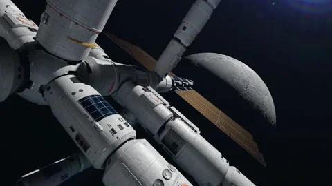 Flight of the Space Station to the Moon. the concept of exploring new planets Video stock 221240699