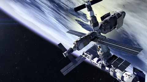 Flight Of The Space Station. The static camera. International space station is Video stock 73391122