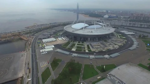 The flight to the stadium, the Zenit arena in a cloudy day Stock Footage 81219383