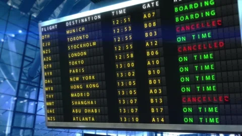 Flight status changes on the information board at airport. Stock Footage 330253697