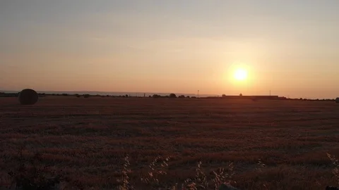 Flight at sunrise between bales in a wheat field, Sicily, Italy, 4K Stock Footage 111765756