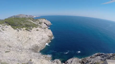 Flight Takeoff on the Cliffs of Cala Rajada - Aerial Flight, Mallorca Stock Footage 38348243