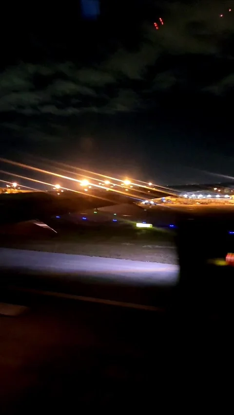 Flight is taking off at night  and view over the city, Editorial Use Only Stock Footage 317320451