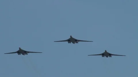 Flight three supersonic strategic missile carriers Tu-160M ??Blackjack. Stock Footage 116233305