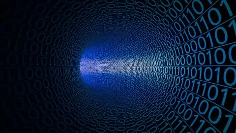 Flight through abstract blue tunnel made with zeros and ones. Modern background Illustrazione stock