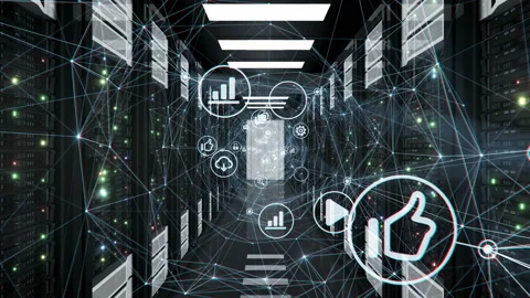 Flight Through Abstract Digital Network Tunnel with Flowing Icons in Datacenter Stock Footage 97184725