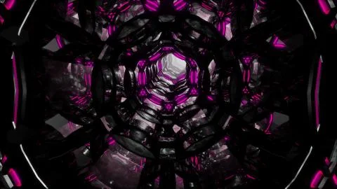Flight through an abstract endless tunnel of purple-black rings. Illustrazione stock