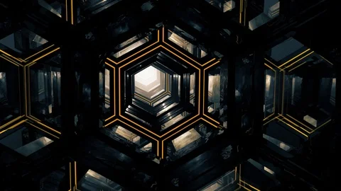 Flight through abstract hexagon dark tunnel with looped animation steel texture Video stock 85999161
